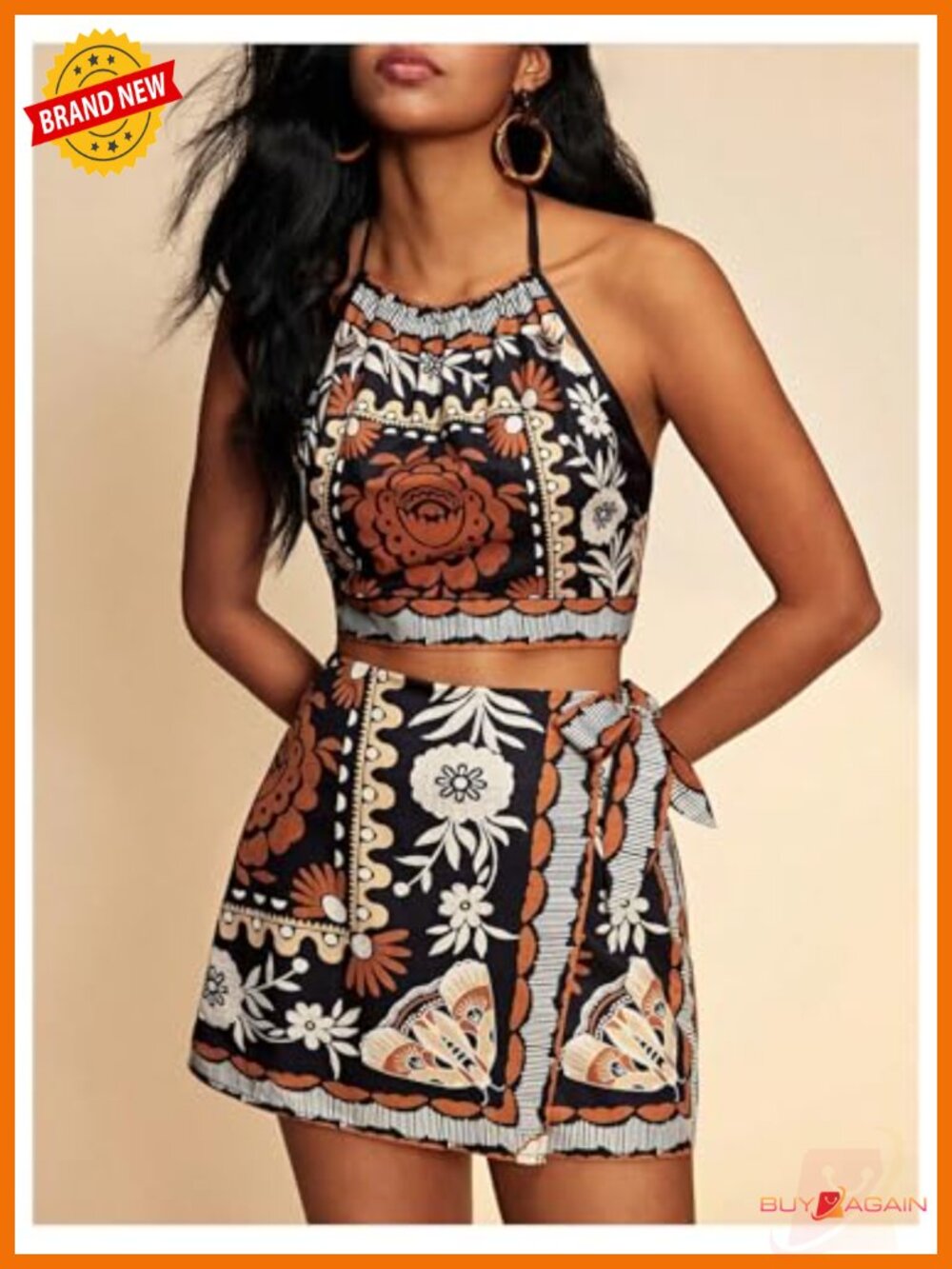 2 Piece Vacation Outfits Boho Tie Back Halter Crop Top and Wrap Shorts Set - Picture 3 of 4